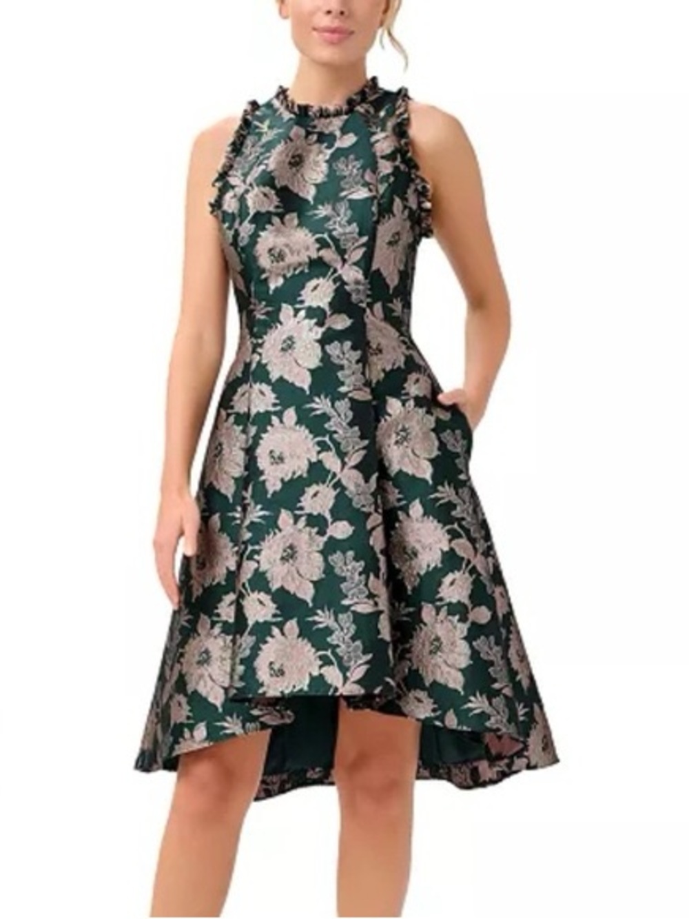 Adrianna Papell Emerald Green & Blush Floral High-Low Dress